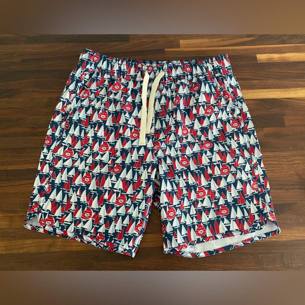 Fair Harbor Red and Blue sailboat Patterned Swim Shorts